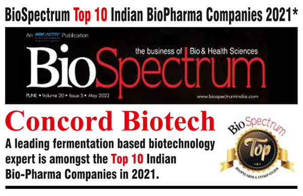Concord Biotech amongst top 10 Indian BioPharma Companies in 2021